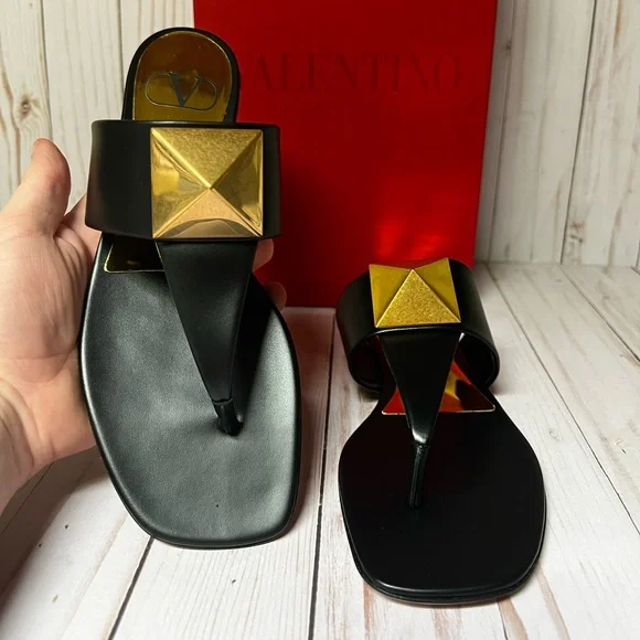 Valentino Garavani One Stud Leather Sandal Black Sz 36.5 / 6.5 - Picture 5 of 12